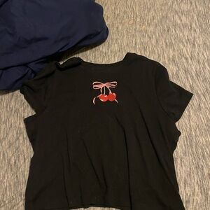 Black Crop Top with Red Cherry Embroidery